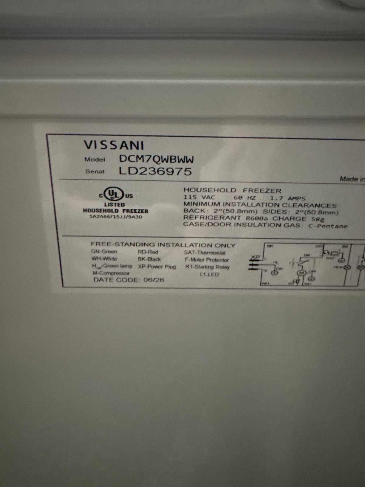 Vissani 7.0cu.ft Manual Defrost Chest Freezer Model#DCM7QWBWW Serial#LD236975(P03)