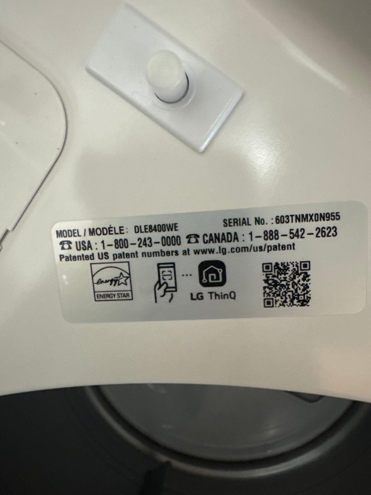 LG 7.3cu.ft ELECTRIC Dryer Model#DLE8400WE Serial#603TNMX0N955 (69)