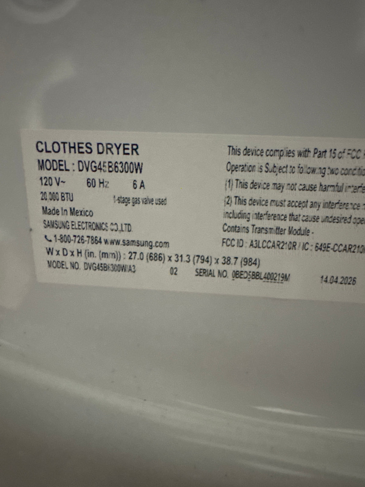 Samsung 7.5cu.ft GAS Dryer Model#DVG45B6300W Serial#0BED5BBL400219M (80)