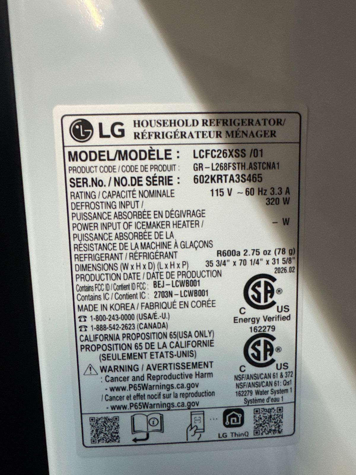 LG 36in French Door Refrigerator Model#LCFC26XSS Serial#602KRTA3S465 (09)
