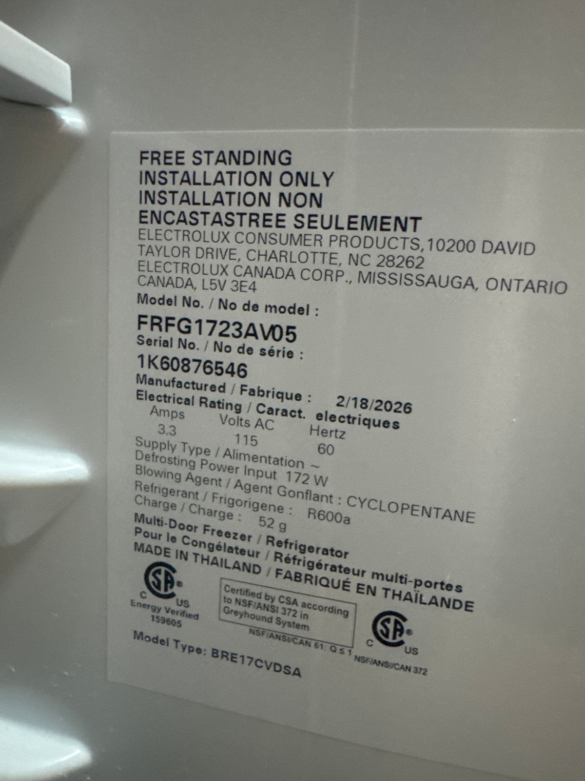 Frigidaire 32in French Door Refrigerator Model#FRFG1723AV05 Serial#1K60876546 (54)