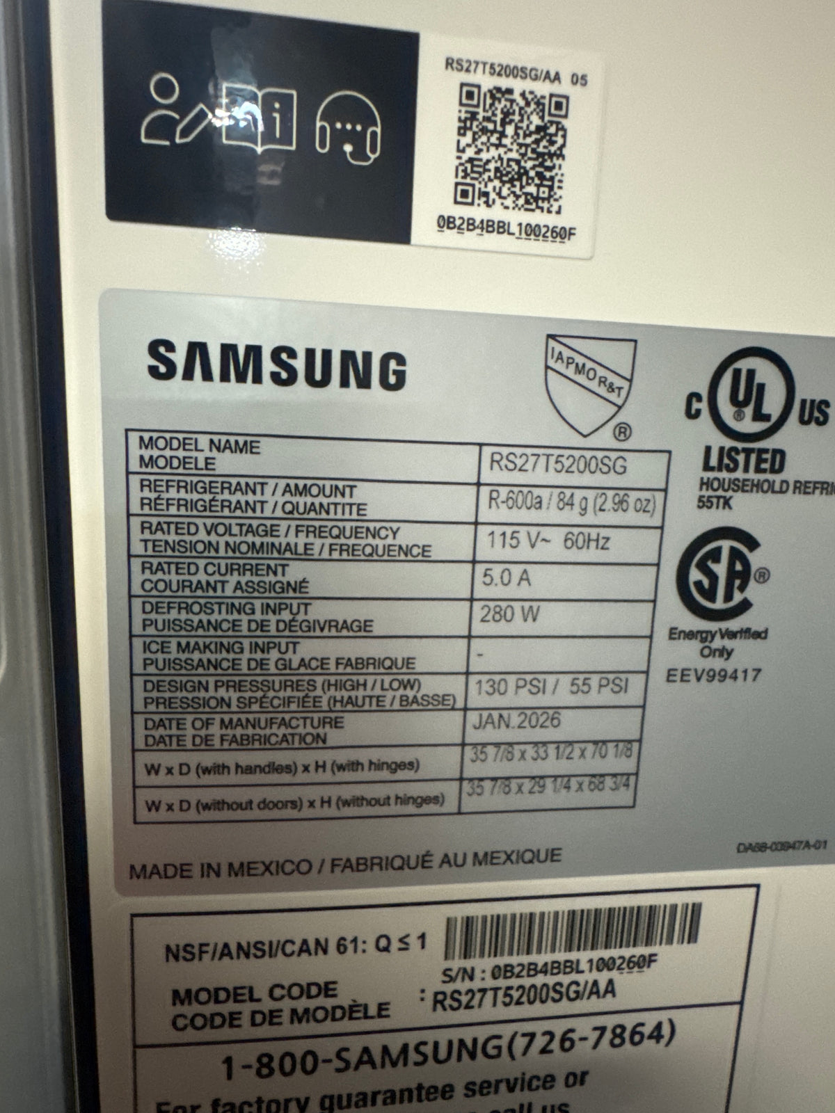 Samsung 36in Side by Side Refrigerator Model#RS27T5200SG Serial#0B2B4BBL100260F (60)