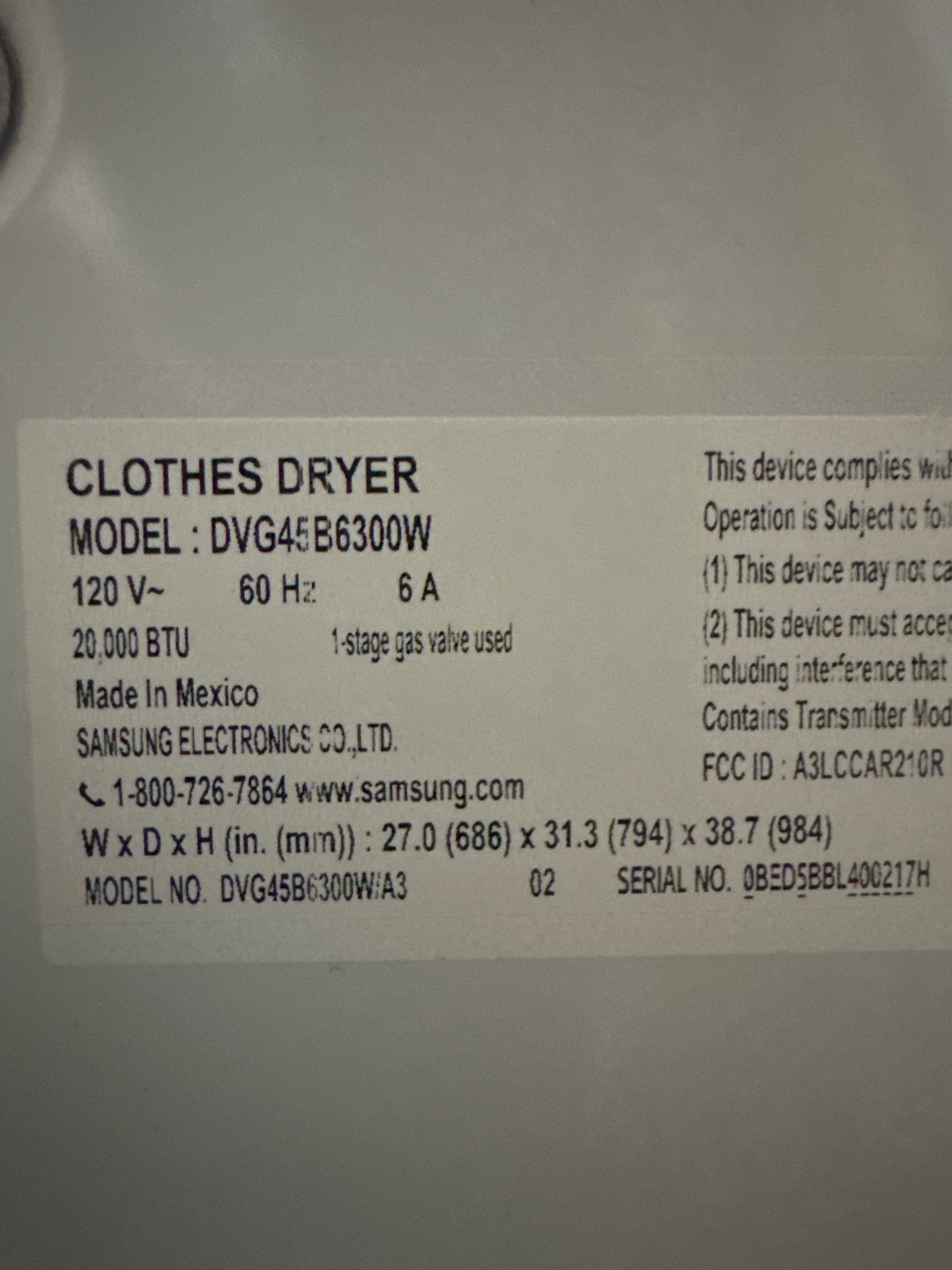 Samsung 7.5cu.ft GAS Dryer Model#DVG45B6300W Serial#0BED5BBL400217H (78)