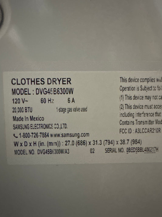 Samsung 7.5cu.ft GAS Dryer Model#DVG45B6300W Serial#0BED5BBL400217H (78)