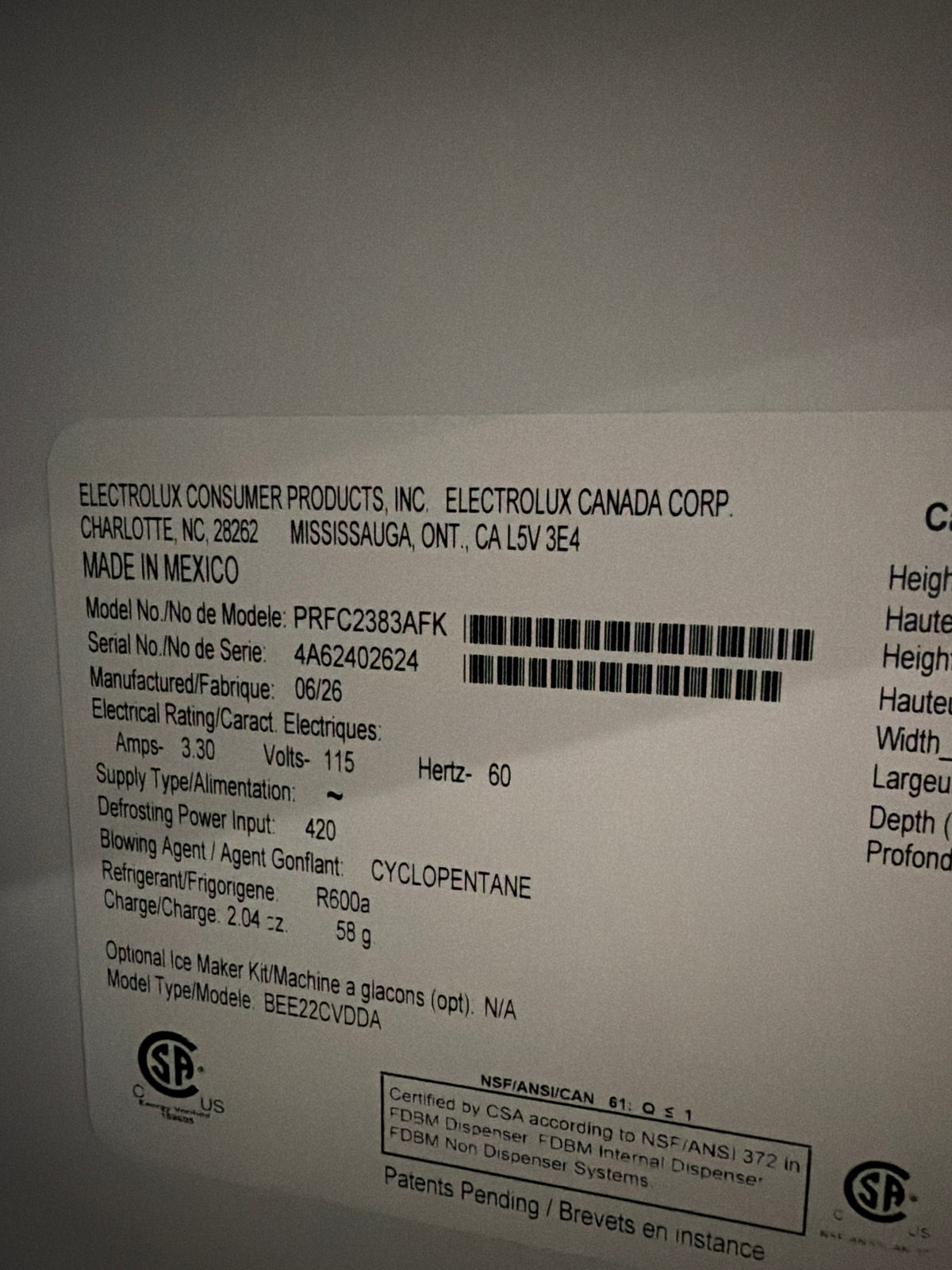Frigidaire Professional 36” French Door Refeigerator Model #PRKC2383AFK Serial #4A62402624 (02)