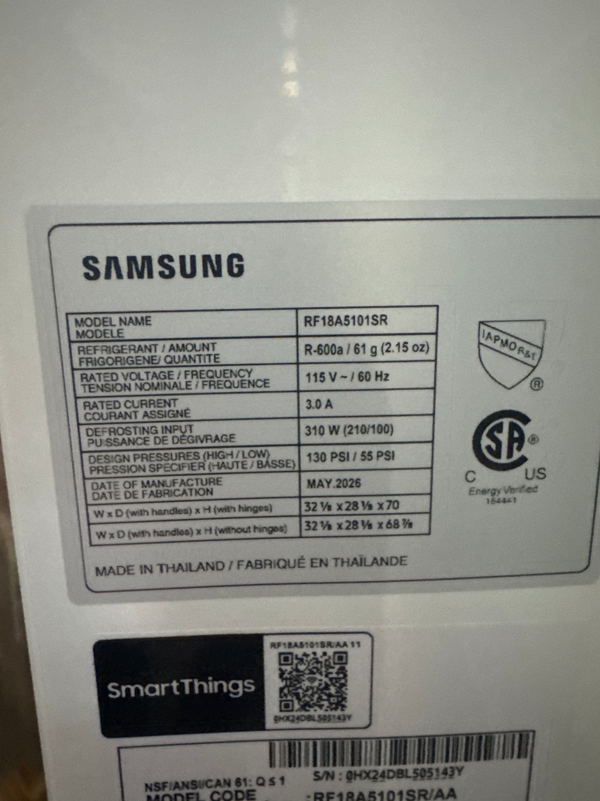 Samsung 33in French Door Refrigerator Model#RF18A5101SR Serial#0HX24DBL505143Y (52)