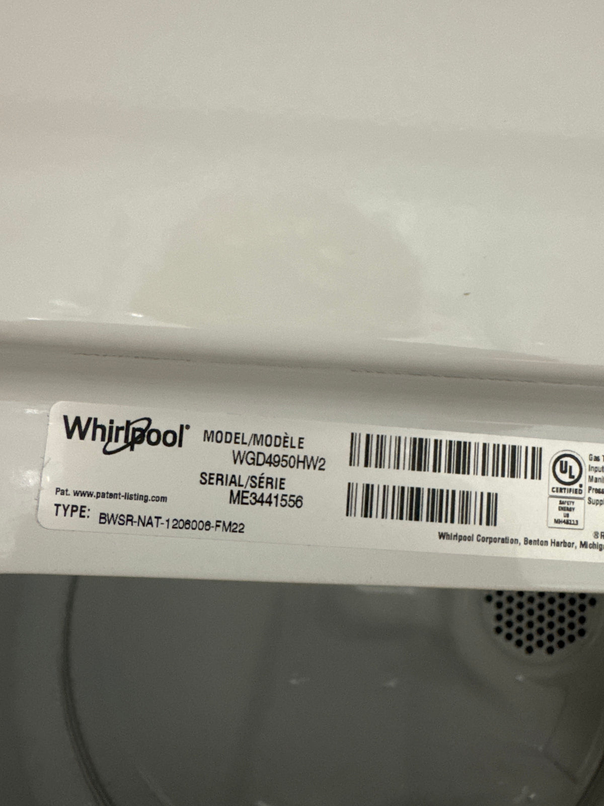 Whirlpool 7.0cu.ft GAS Dryer Model#WGD4950HW2 Serial#ME3441556 (70)