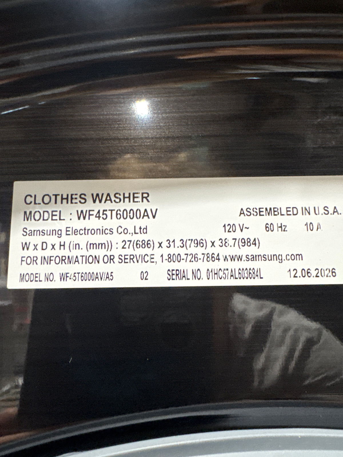 Samsung 4.5cu.ft Front Load Washer Model#WF45T6000AV Serial#01HC57AL603684L (93)