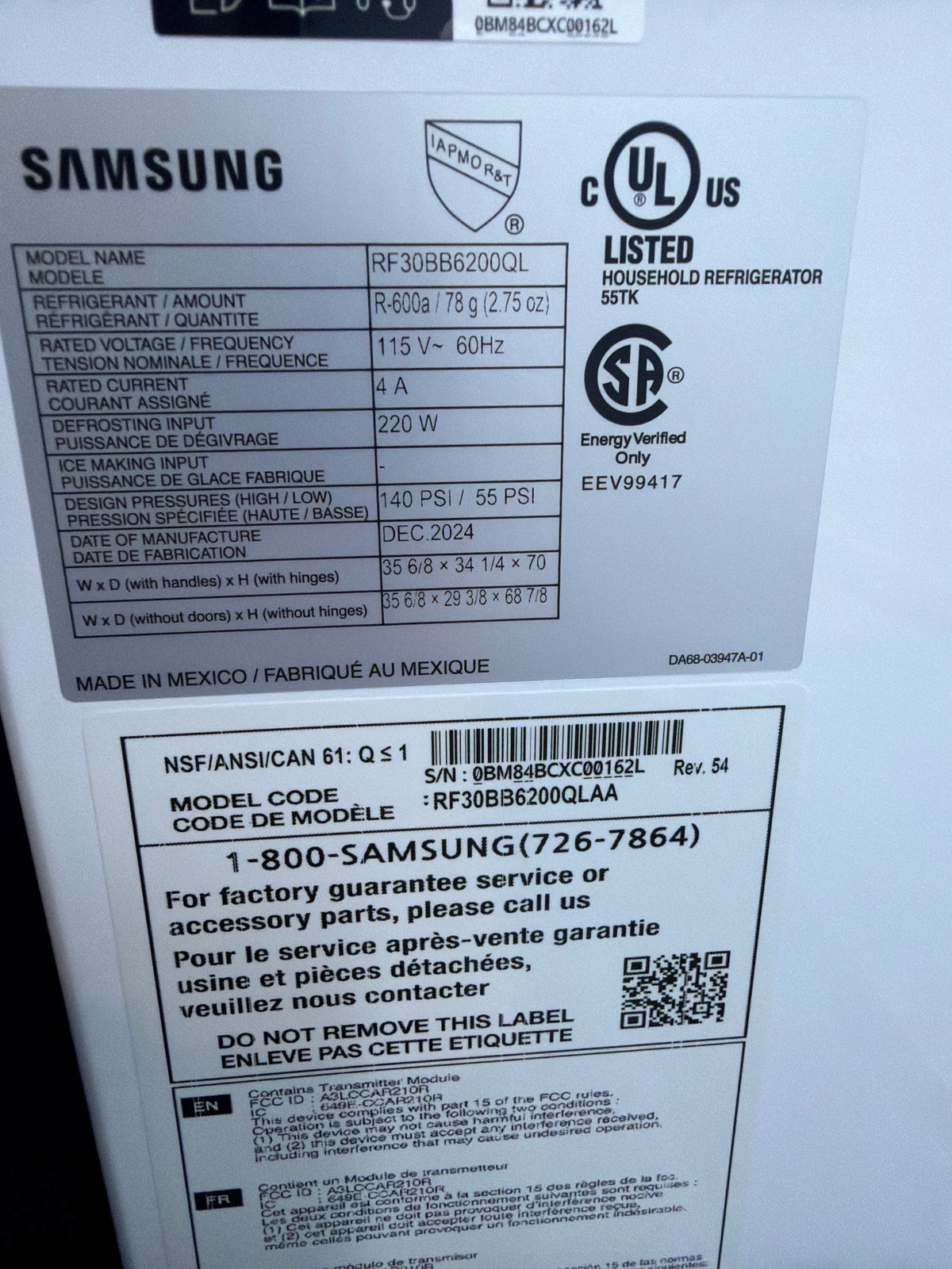 Samsung Bespoke 36” French Door Refrigerator Model #RF30BB6200QL Serial #0BM84BCXC00162L (27)