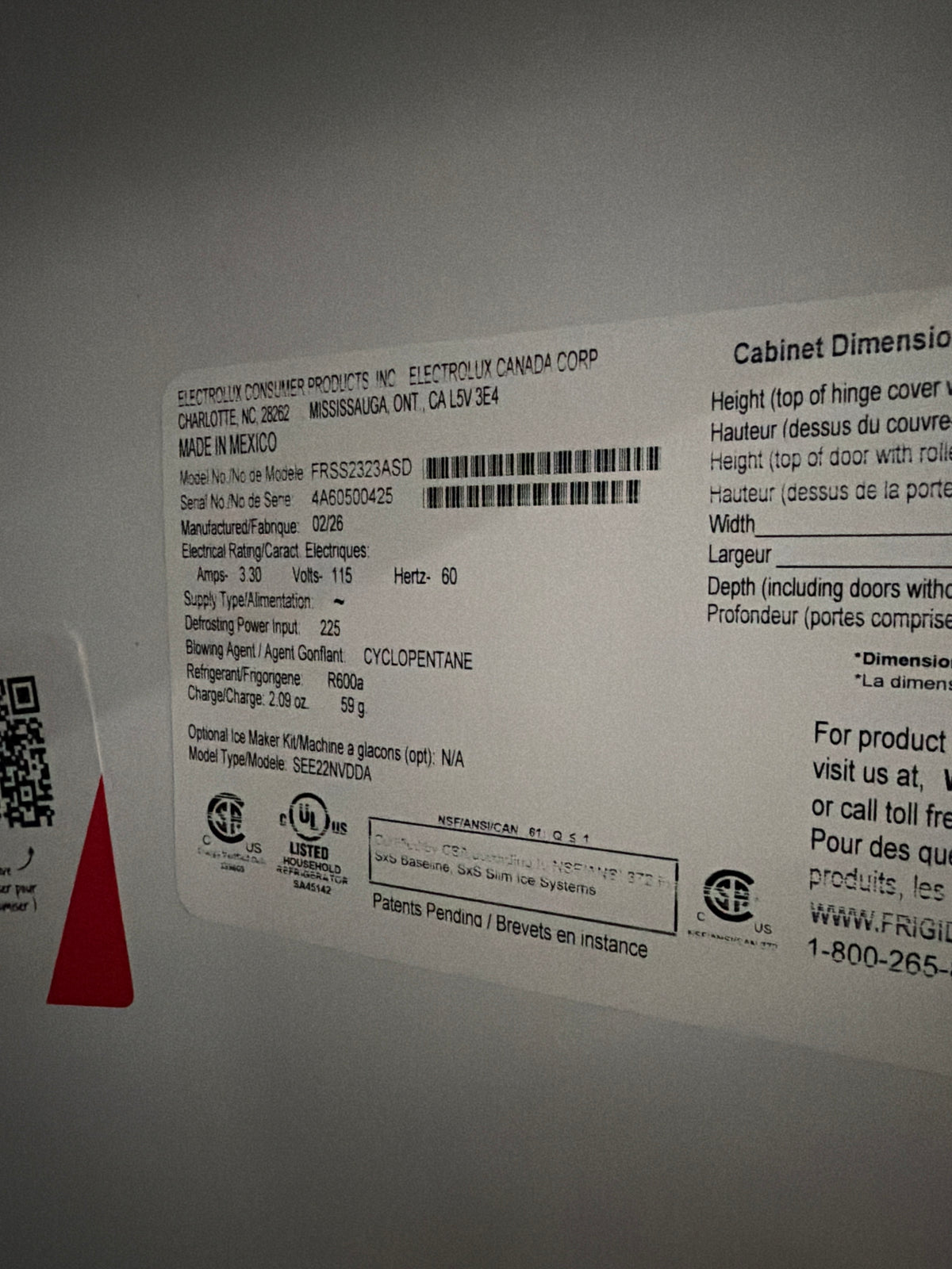 Frigidaire 33” Standard Depth Refrigerator Model #FRSS2323ASD Serial #4A60500425 (01)