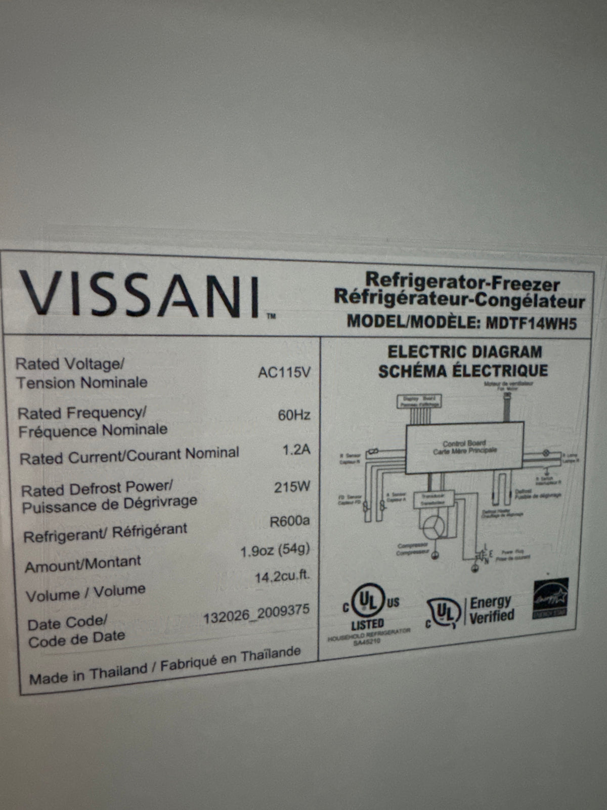 Vissani 28in Top Freezer Refrigerator Model#MDTF14WH5 (P07)