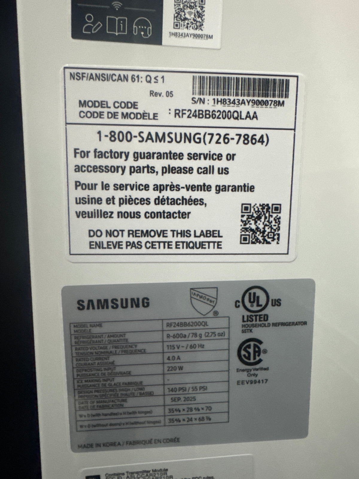 Samsung 36in French Door Refrigerator Model#RF24BB6200QL Serial#1H8343AY900078M (94)