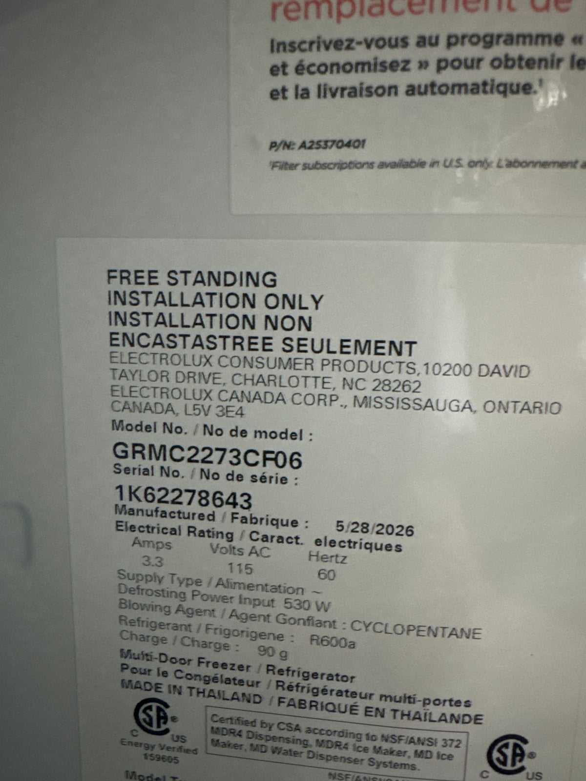 Frigidaire 4-Door French Door Refrigerator Model#GRMC2273CF06 Serial#1K62278643 (51)