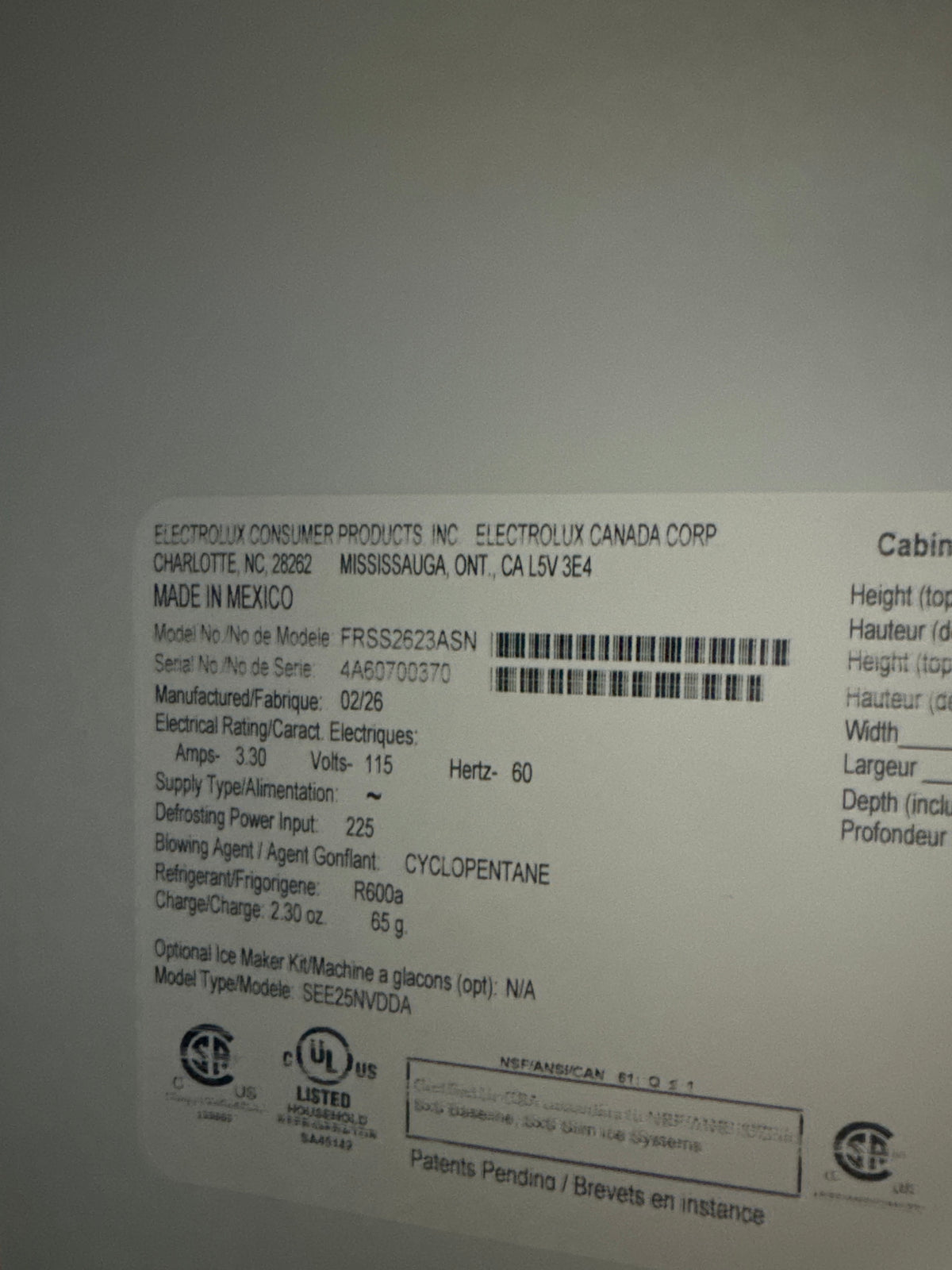 Frigidaire 36in Side by Side Refrigerator Model#FRSS2623ASN Serial#4A60700370 (55)
