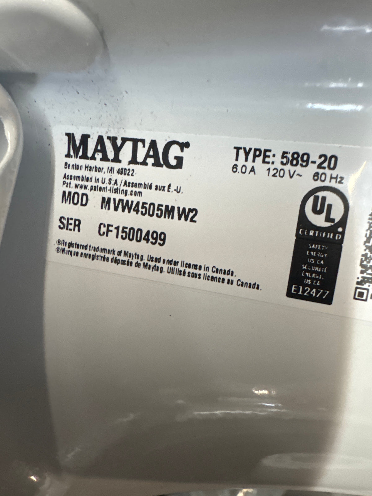 Maytag 4.5cu.ft Top Load Washer Model#MVW4505MW Serial#CF1500499 (HD903)