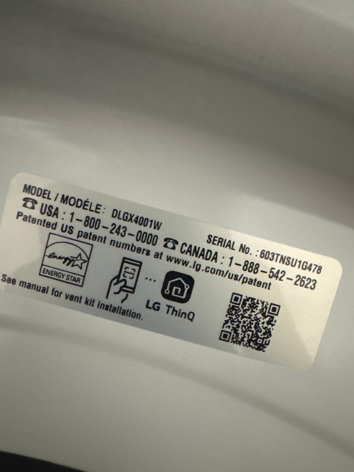 LG 7.4cu.ft GAS Dryer Model#DLGX4001W Serial#603TNSU1G478 (81)