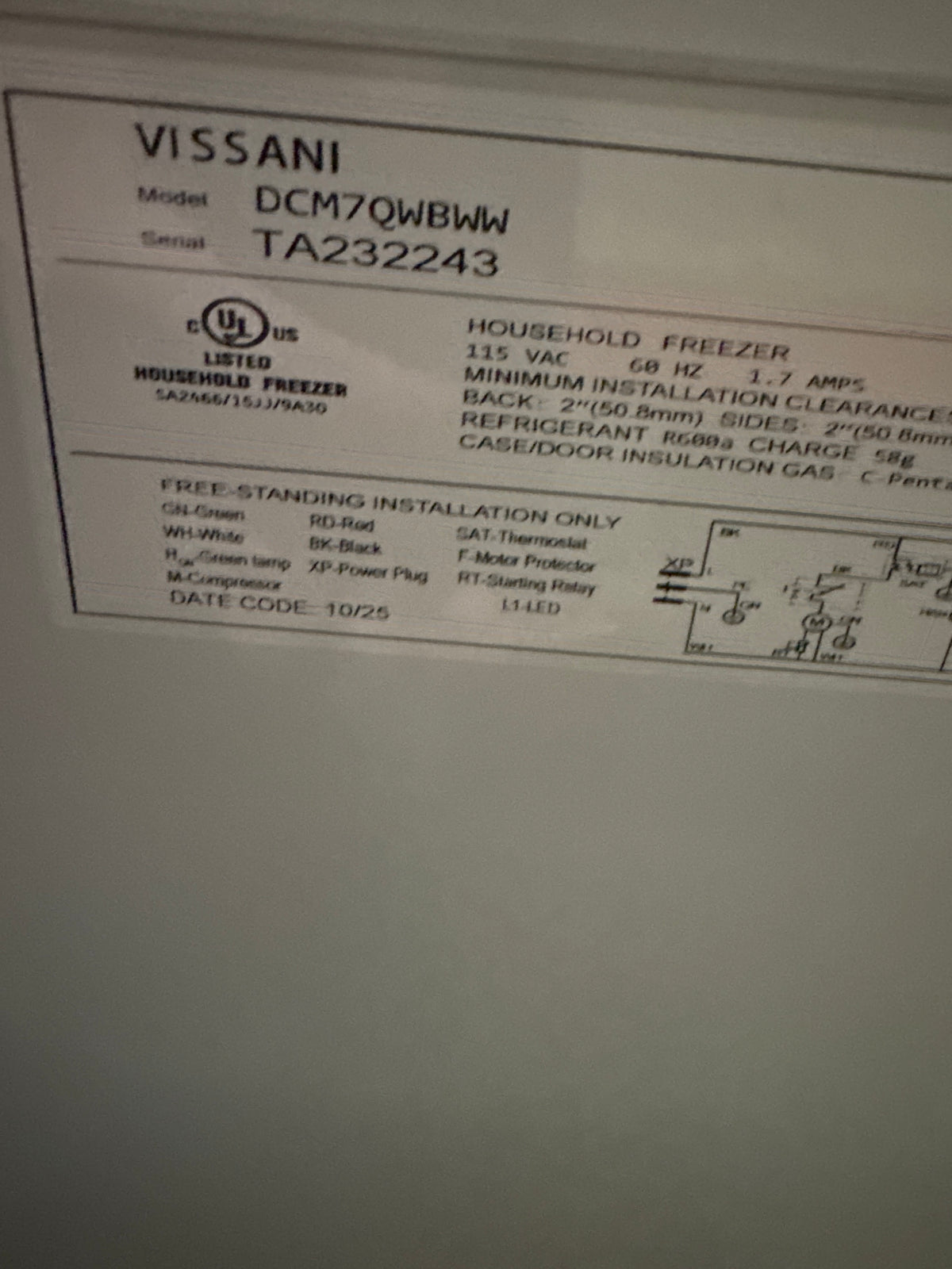 Vissani 7.0cu.ft Manual Defrost Chest Freezer Model#DCM7QWBWW Serial#TA232243 (P02)