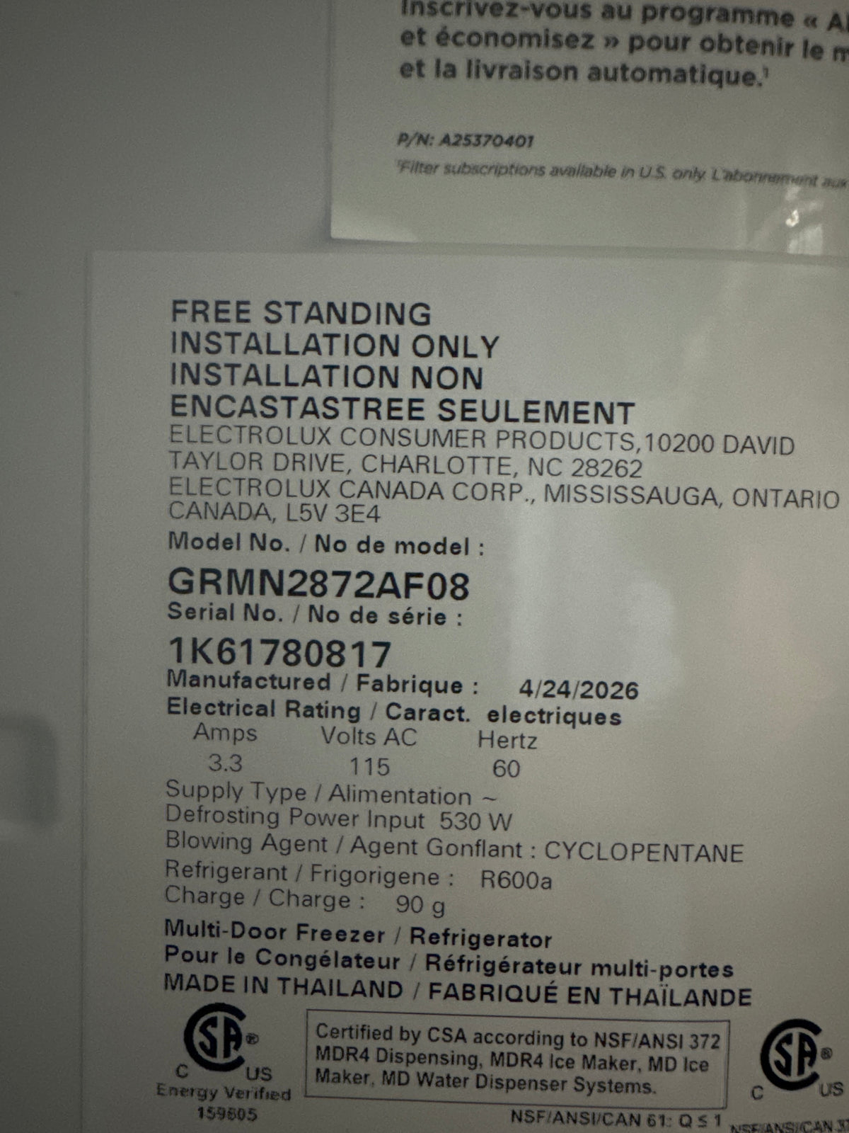 Frigidaire Gallery 36in French Door Model#GRMN2872AF Serial#1K61780817 (95)