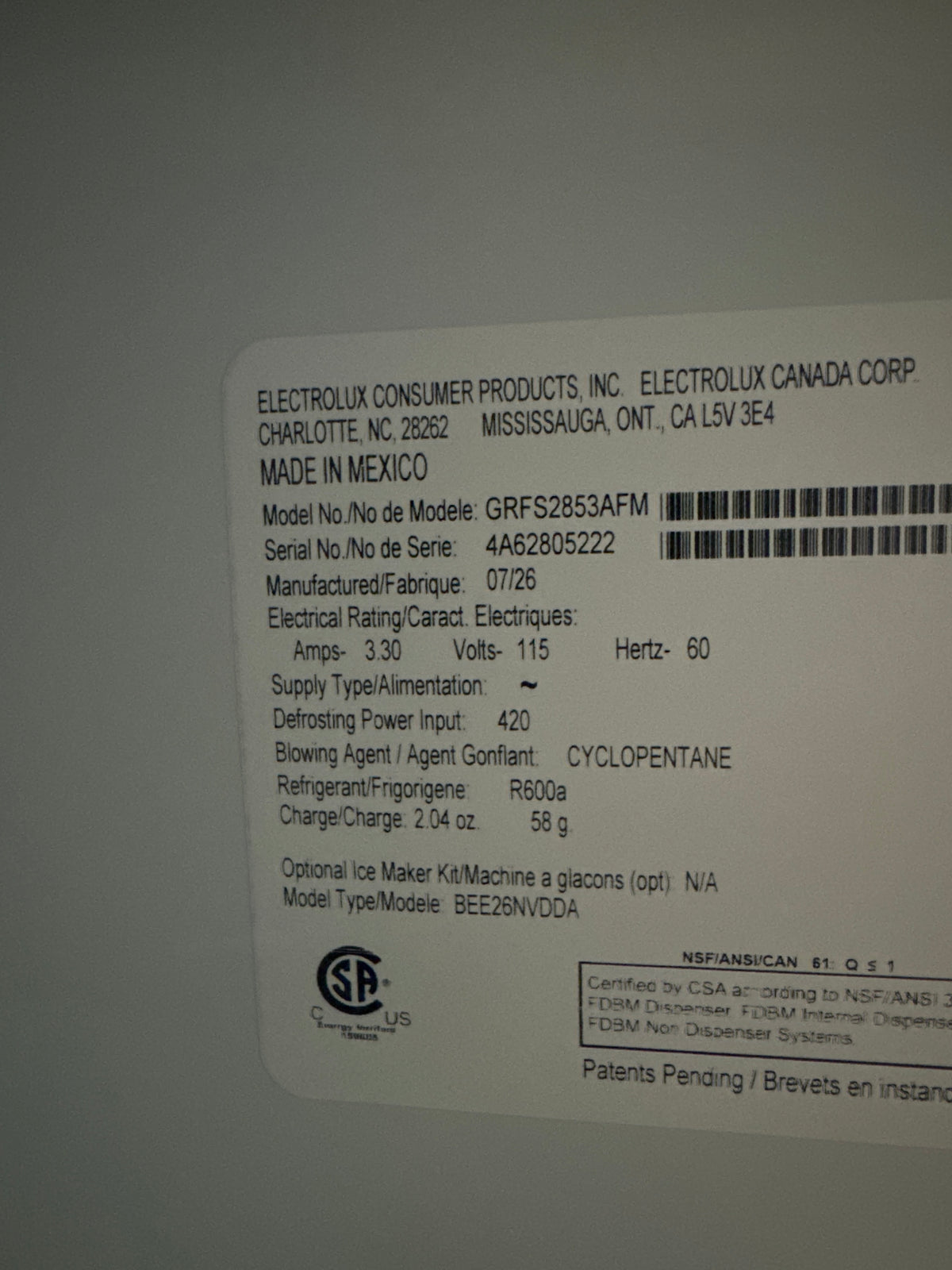 Frigidaire Gallery 36in French Door Refrigerator Model#GRFS2853AFM Serial#4A62805222 (58)