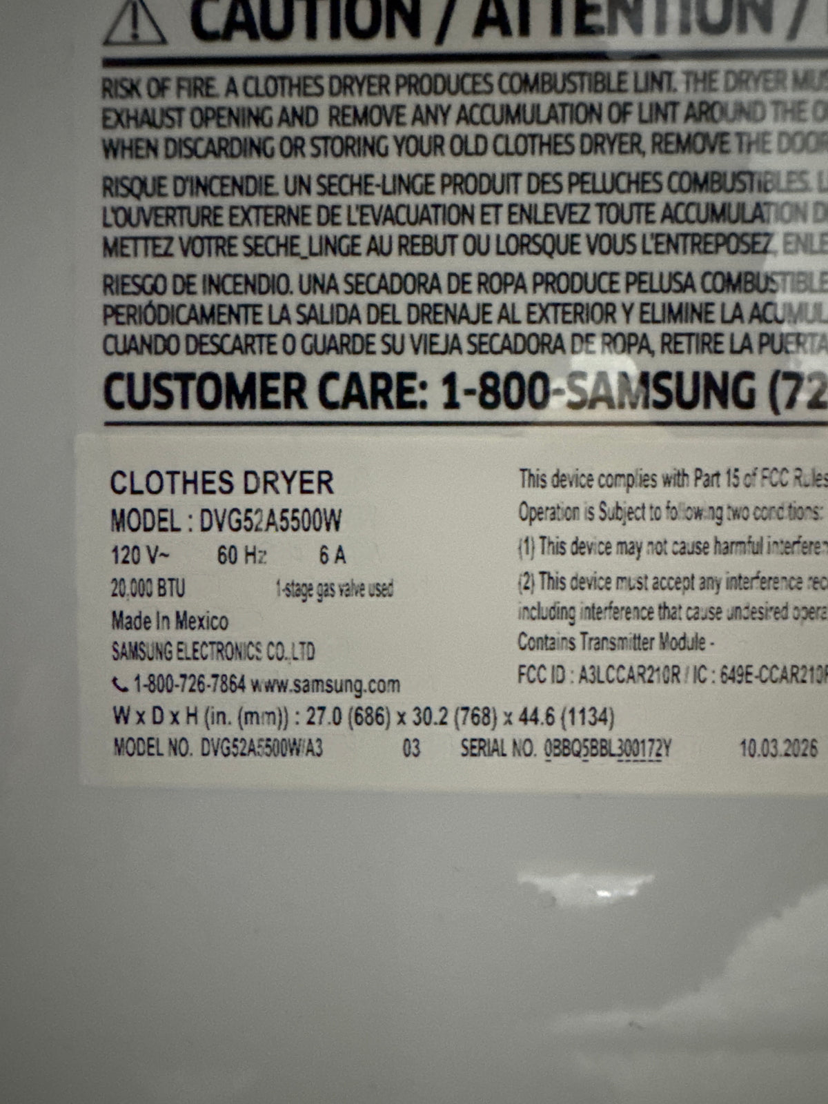 Samsung 7.4cu.ft GAS Dryer Model#DVG52A5500W Serial#0BBQ5BBL300172Y (72)