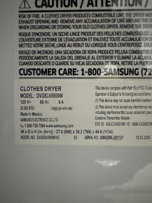Samsung 7.4cu.ft GAS Dryer Model#DVG52A5500W Serial#0BBQ5BBL300172Y (72)