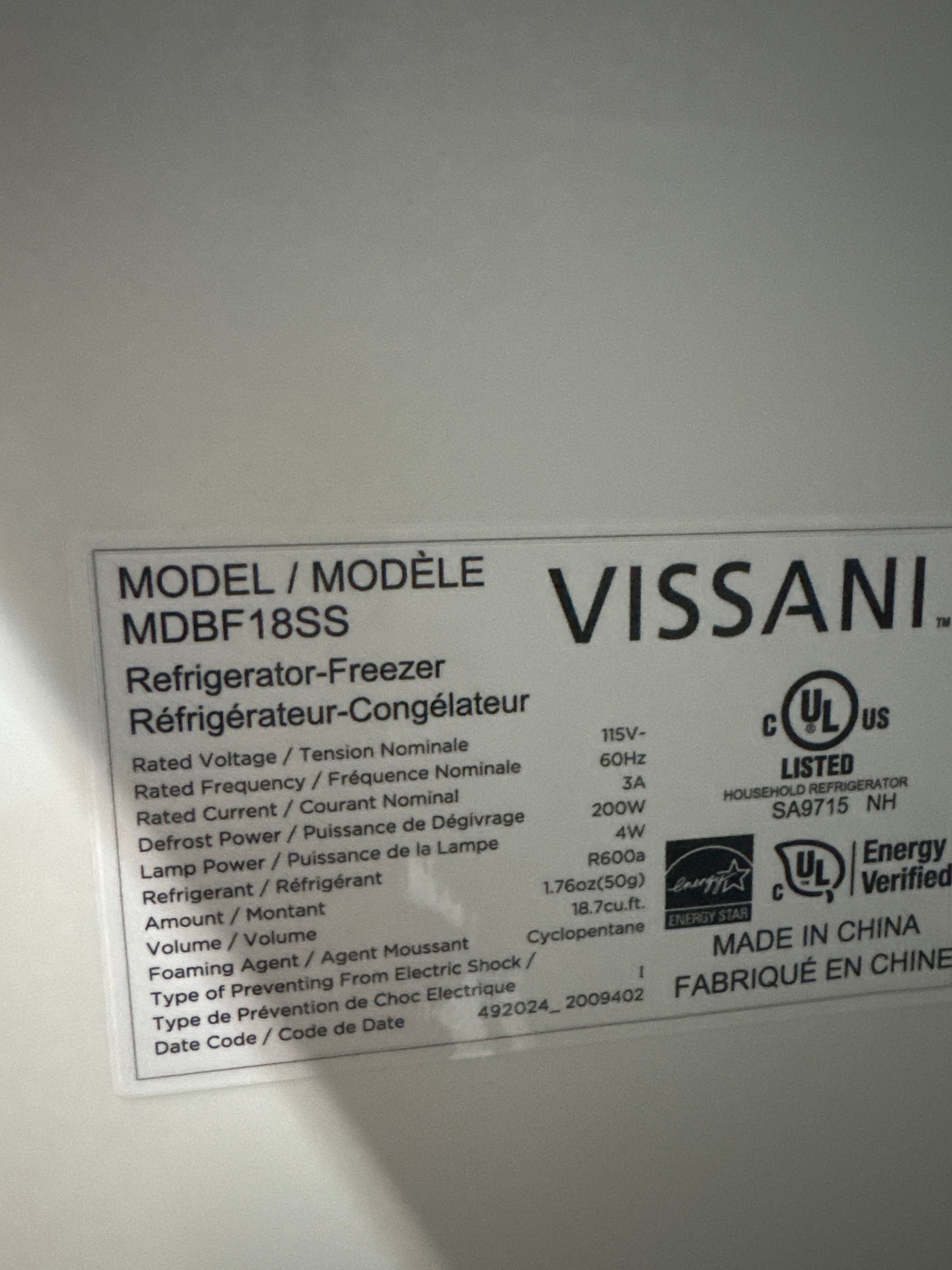 Vissani 30in Bottom Freezer Refrigerator Model#MDBF18SS (P11)