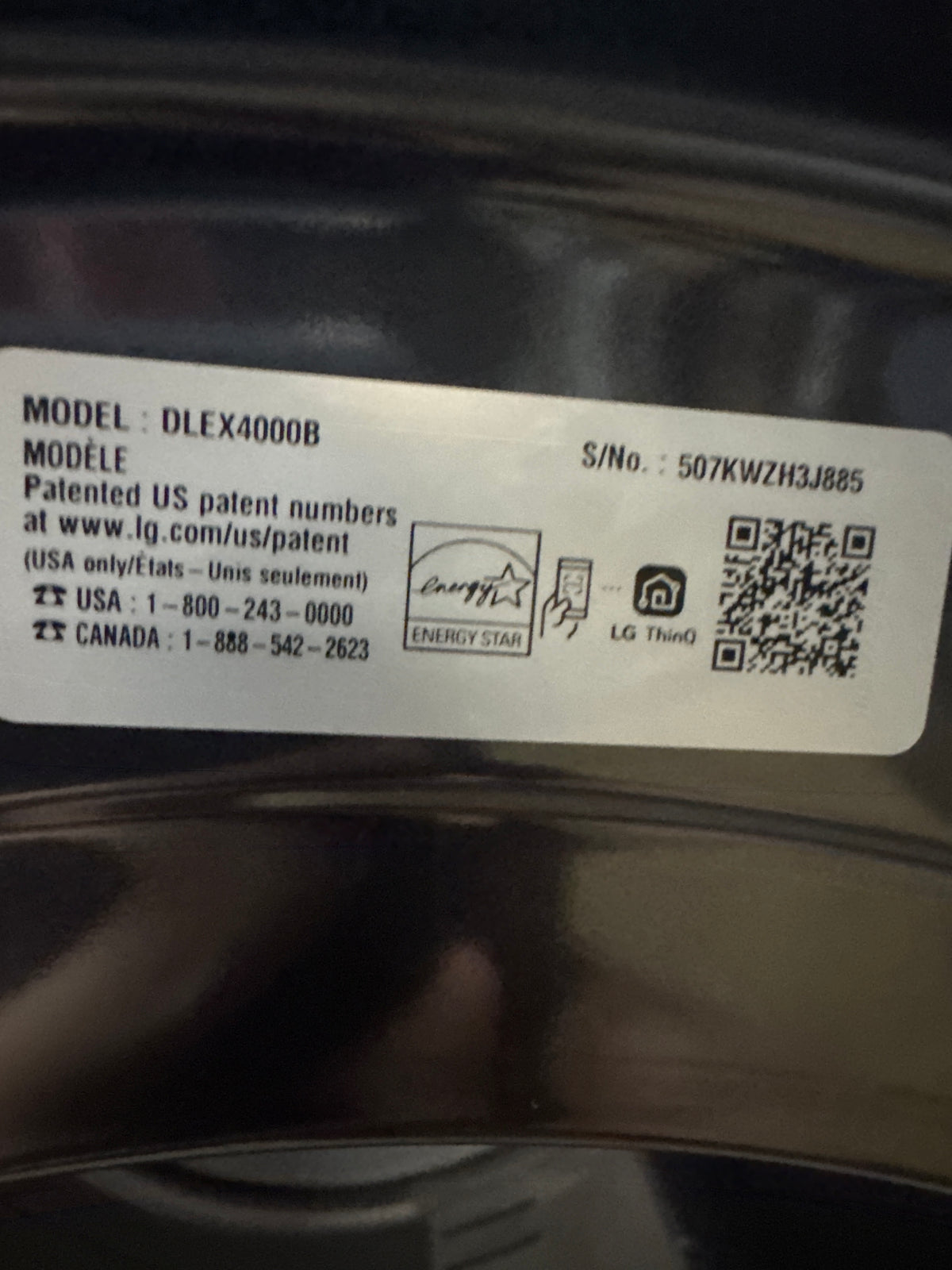 LG 7.4cu.ft Electric Dryer Model#DLEX4000B Serial#507KWZH3J885 (HD939)