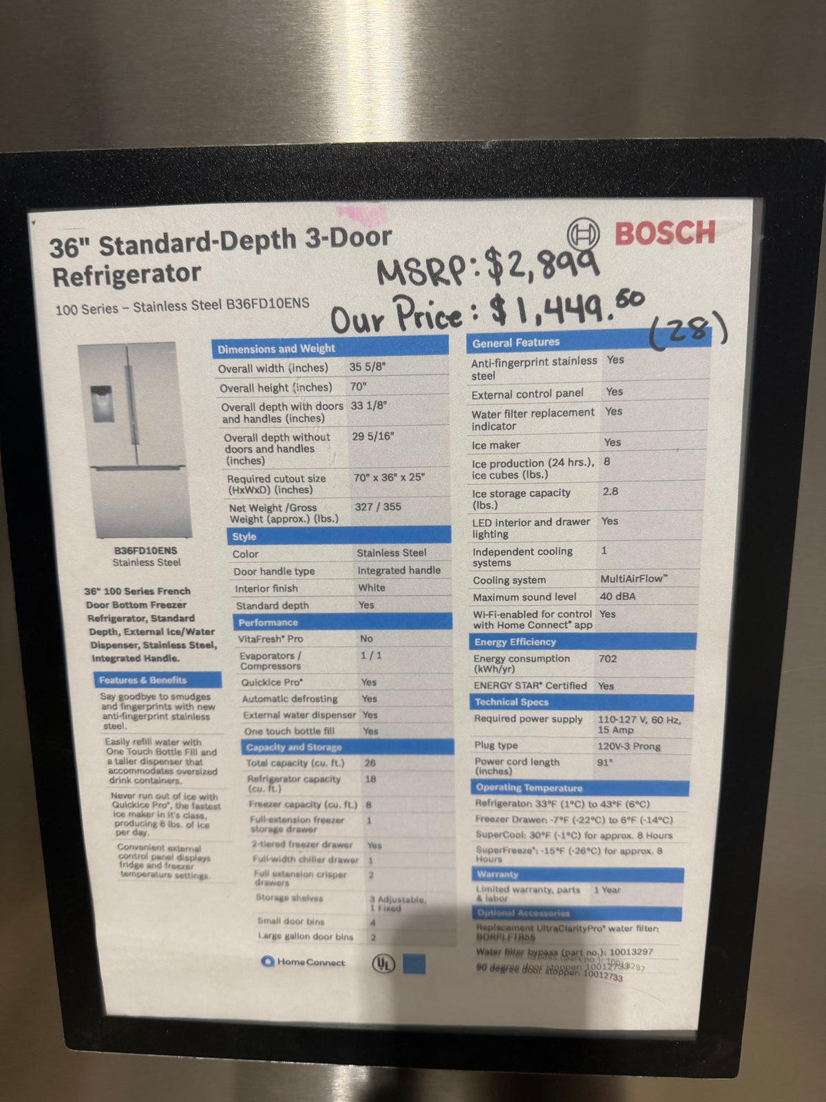 Bosch 36" French Door Refrigerator Model #B36FD10ENS Serial #525090548341017291 (28)