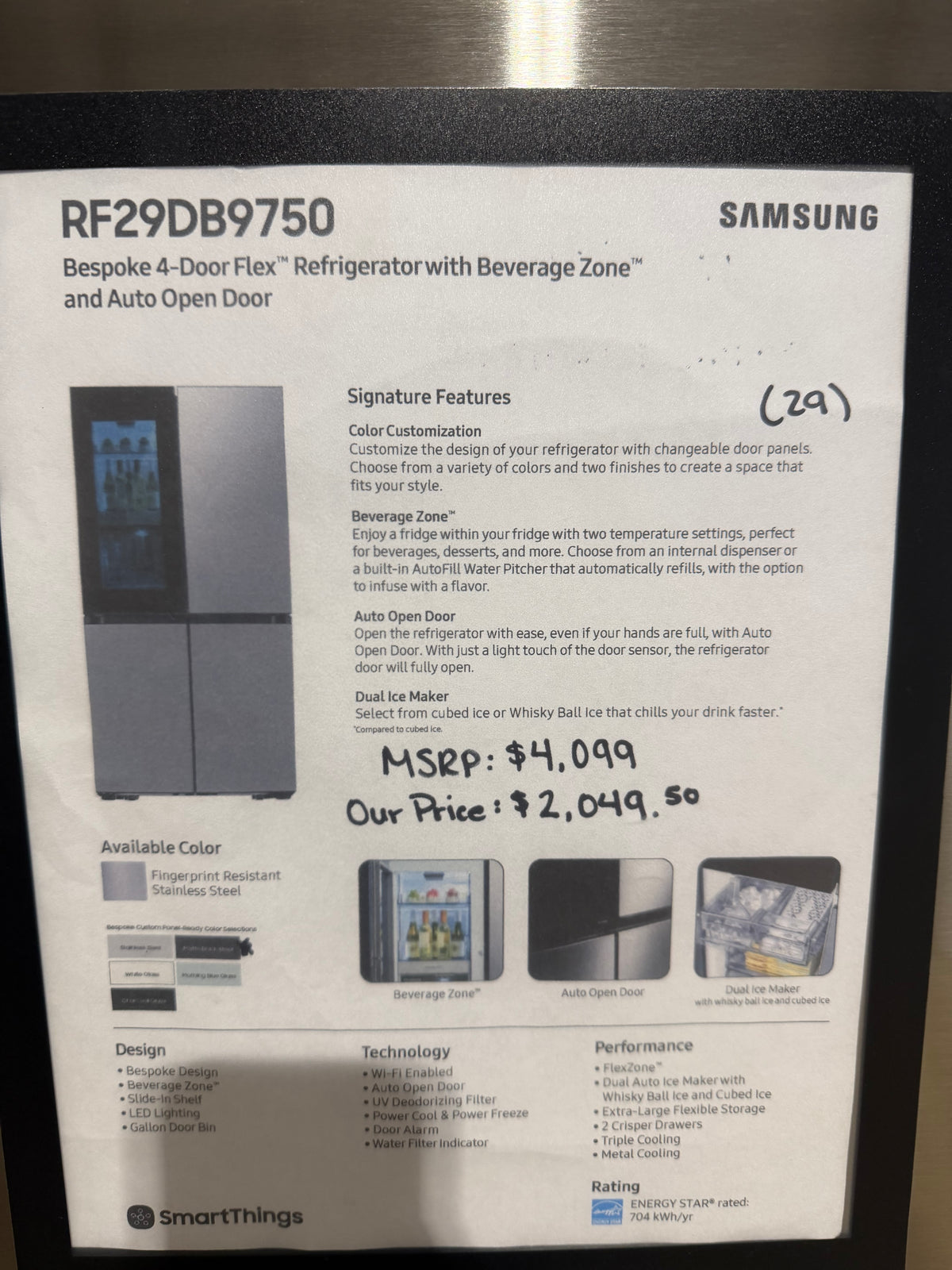 Samsung Bespoke 36" 4 Door Refrigerator Model #RF29DB9750 Serial #1MZC43AX100213M (29)