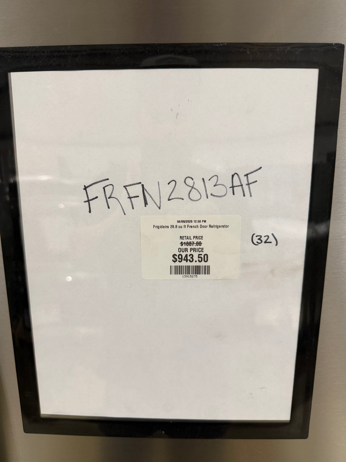 Frigidaire 36" French Door Refrigerator Model #FRFN2813AF Serial #4A53118300 (32)