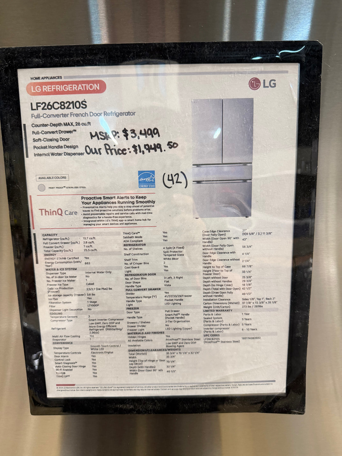 LG 36" French Door Refrigerator Model #LF26C8210S Serial #512KRBY2P909 (42)