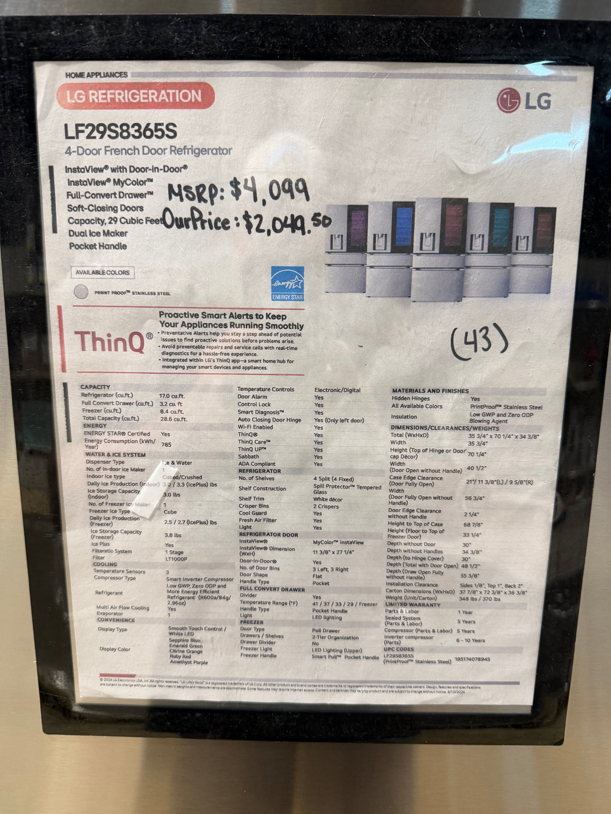 LG 36" French Door Instaview Refrigerator Model #LF29S8365S Serial #602KRSB4M534 (43)