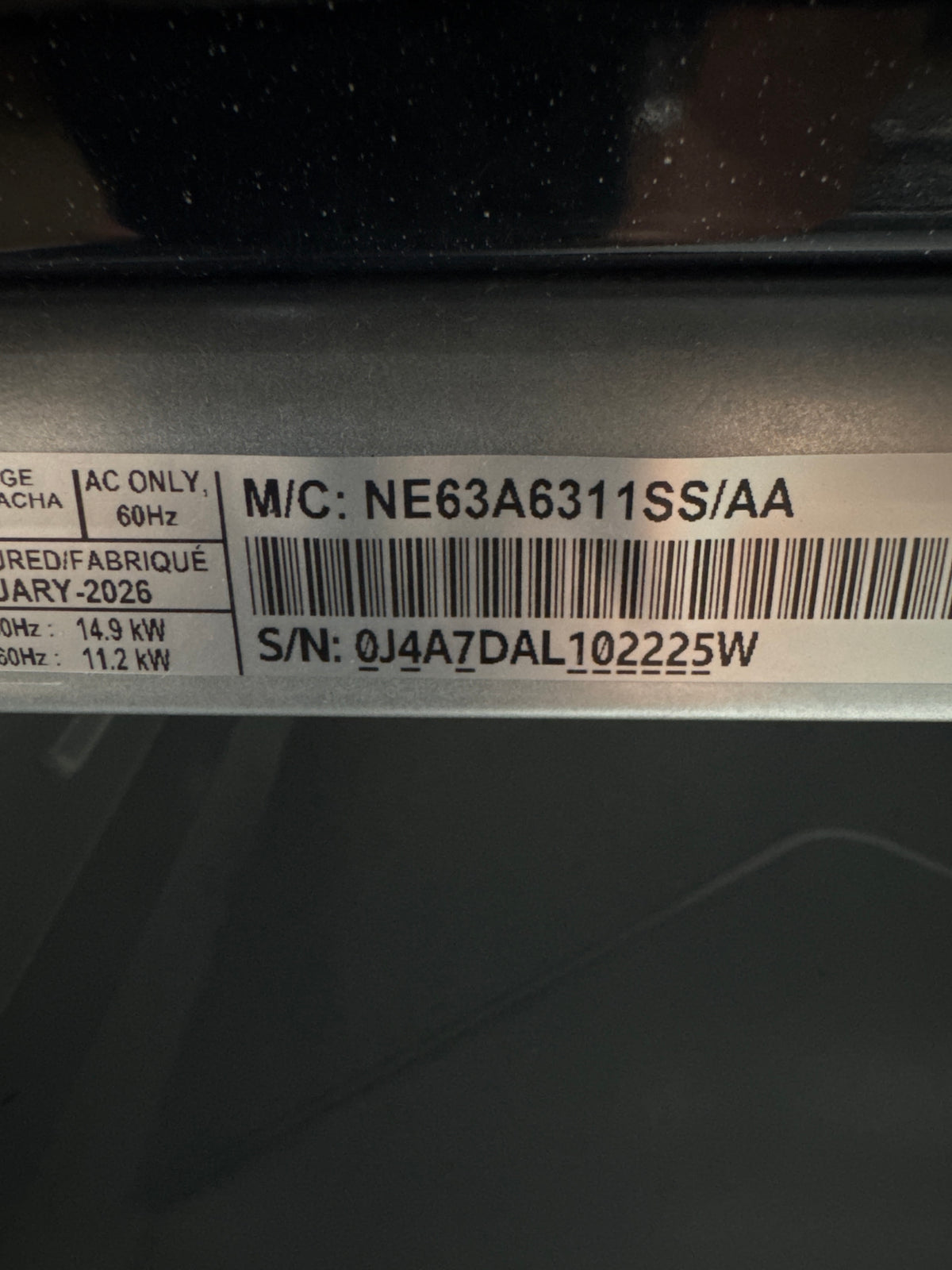 Samsung 30in Electric Range Model#NE63A6311SS Serial#0J4A7DAL10225W (HD929)