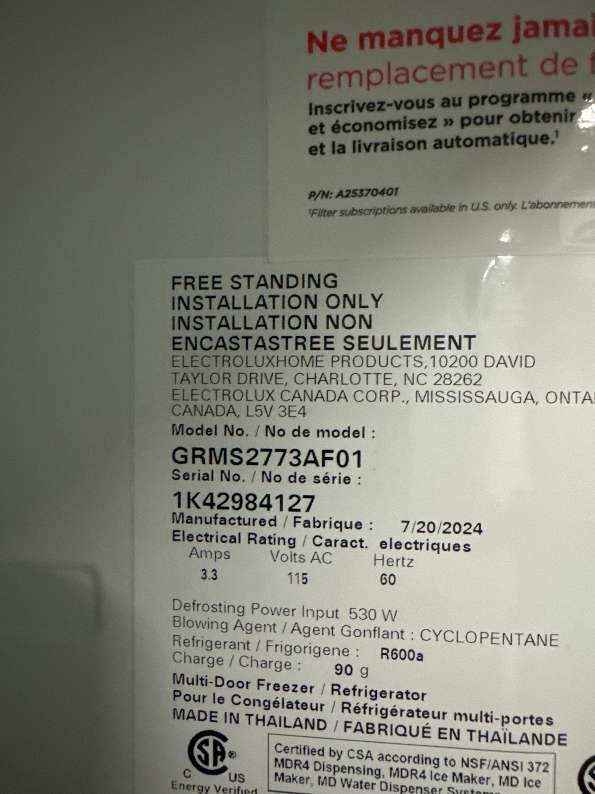 Frigidaire Gallery 36in 4-Door French Door Refrigerator Model#GRMS2773AF01 Serial#1K42984127 (63)