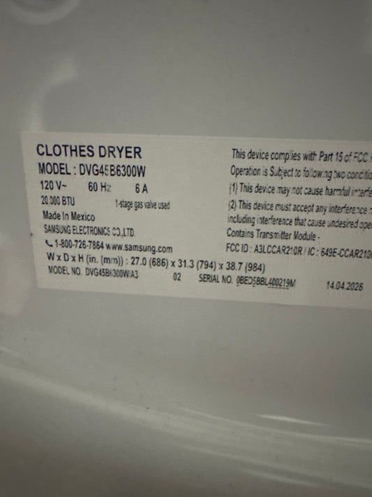 Samsung 7.5cu.ft GAS Dryer Model#DVG45B6300W Serial#0BED5BBL400219M (80)