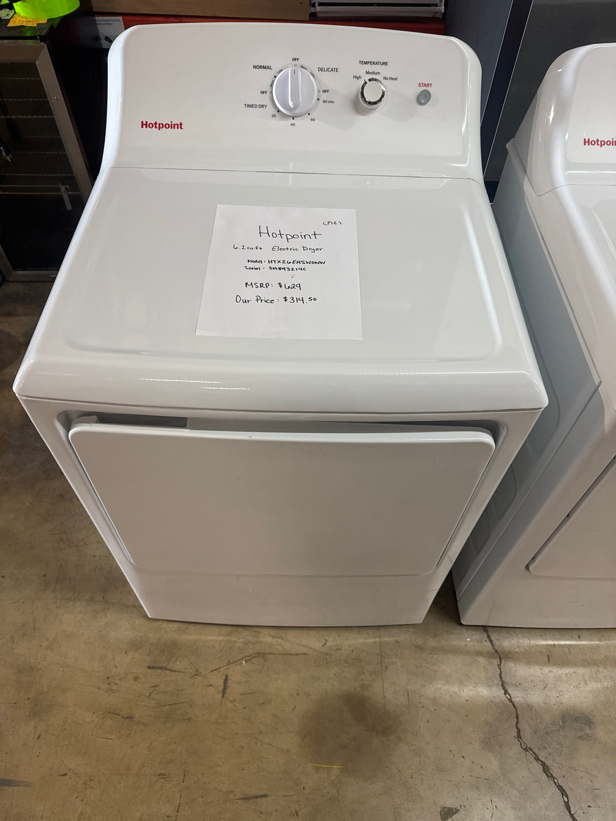 Hotpoint 6.2cu.ft ELECTRIC Dryer Model#HTX26EASW0WW Serial#SA893214C (P12)