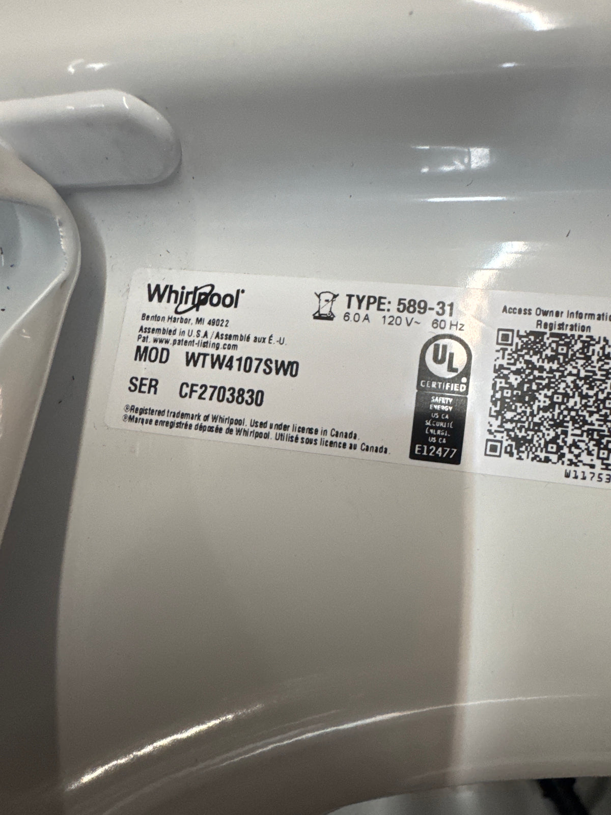 Whirlpool 4.2-4.3cu.ft Top Load Washer Model#WTW4107SW0 Serial#CF2703830 (HD906)