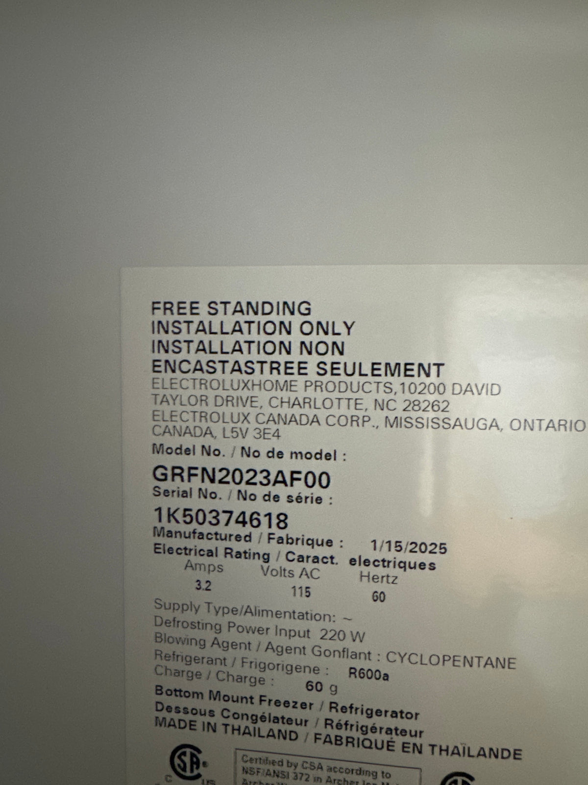 Frigidaire Gallery 30in French Door Refrigerator Model#GRFN2023AF00 Serial#1K50374618 (11)