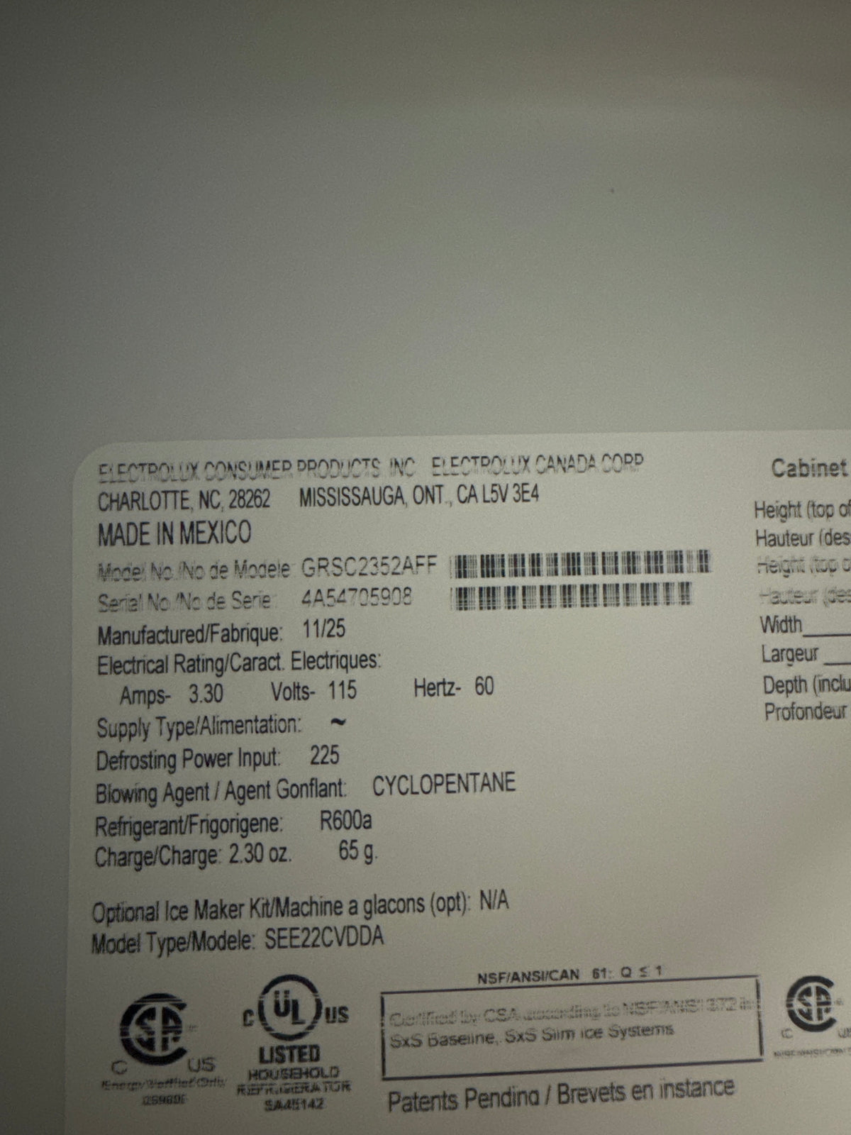Frigidaire Gallery 36in Side by Side Refrigerator Model#GRSC2352AFF Serial#4A54705908 (56)