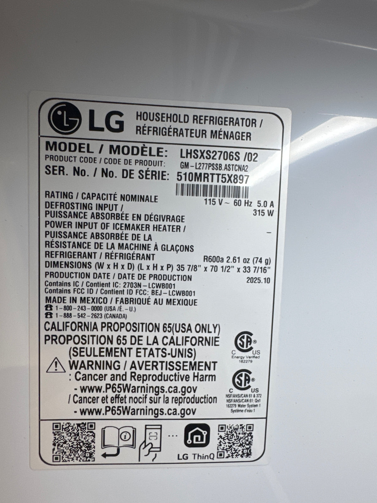 LG 36in Side by Side Refrigerator Model#LHSXS2706S Serial#510MRTT5X897 (45)