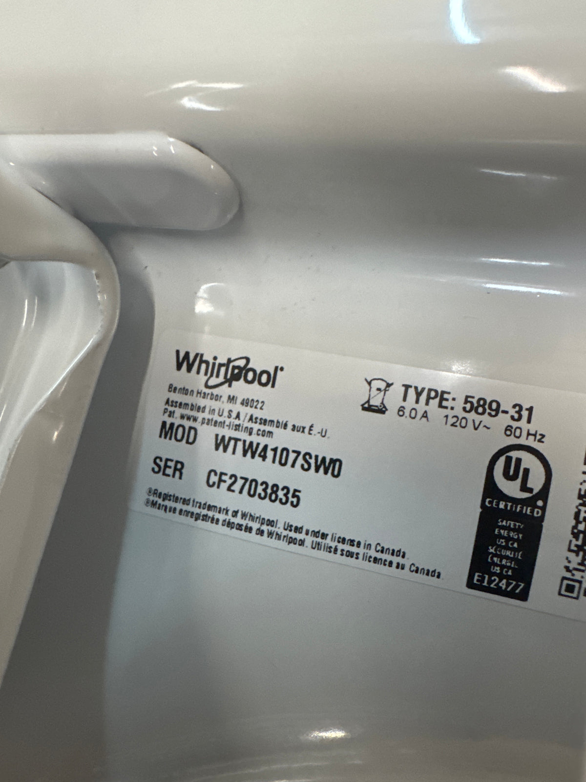 Whirlpool 4.2-4.3cu.ft Top Load Washer Model#WTW4107SW0 Serial#CF2703835 (HD907)