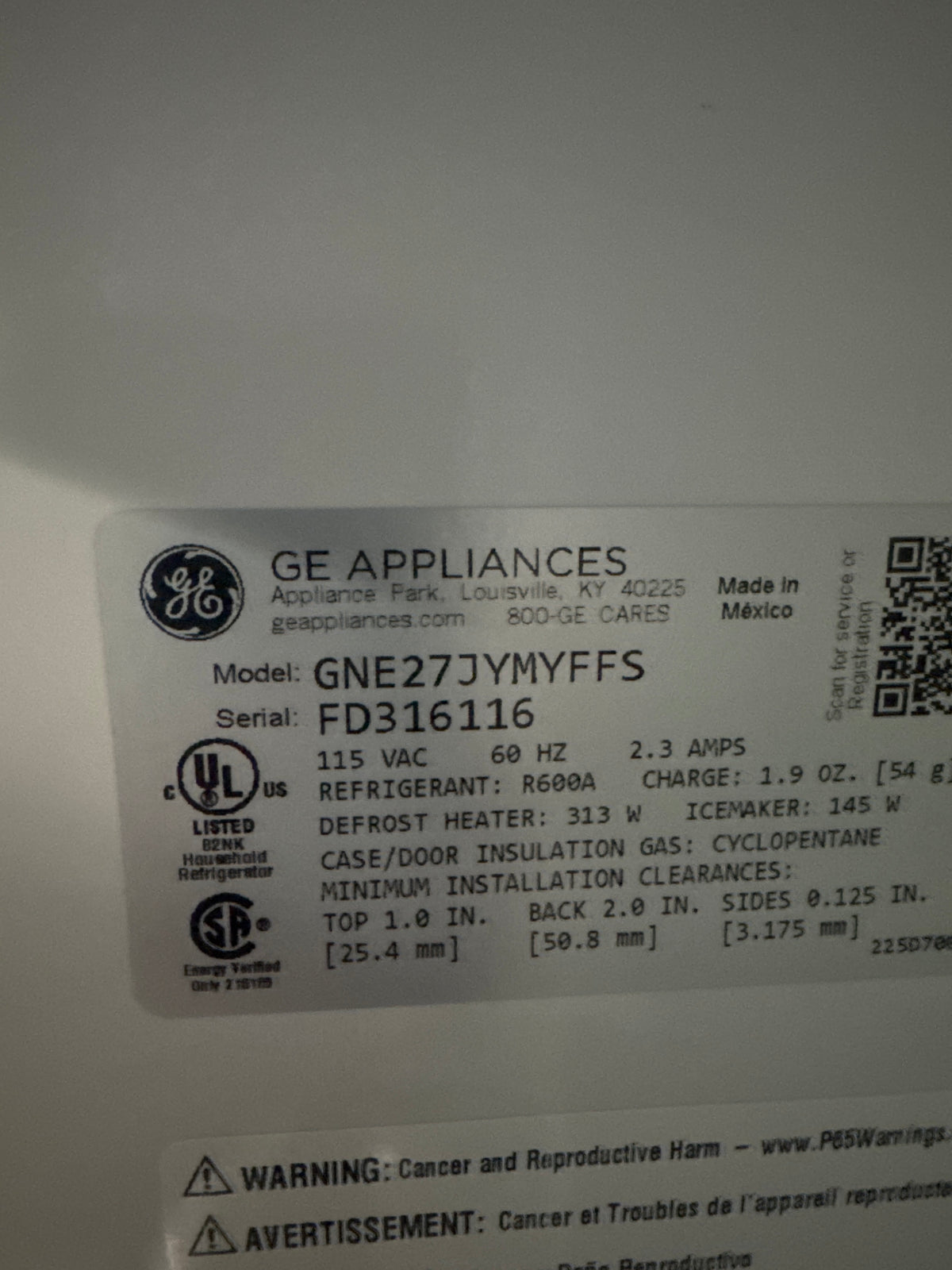GE 36in French Door Refrigerator Model#GNE27JYMYFFS Serial#FD316116 (HD919)
