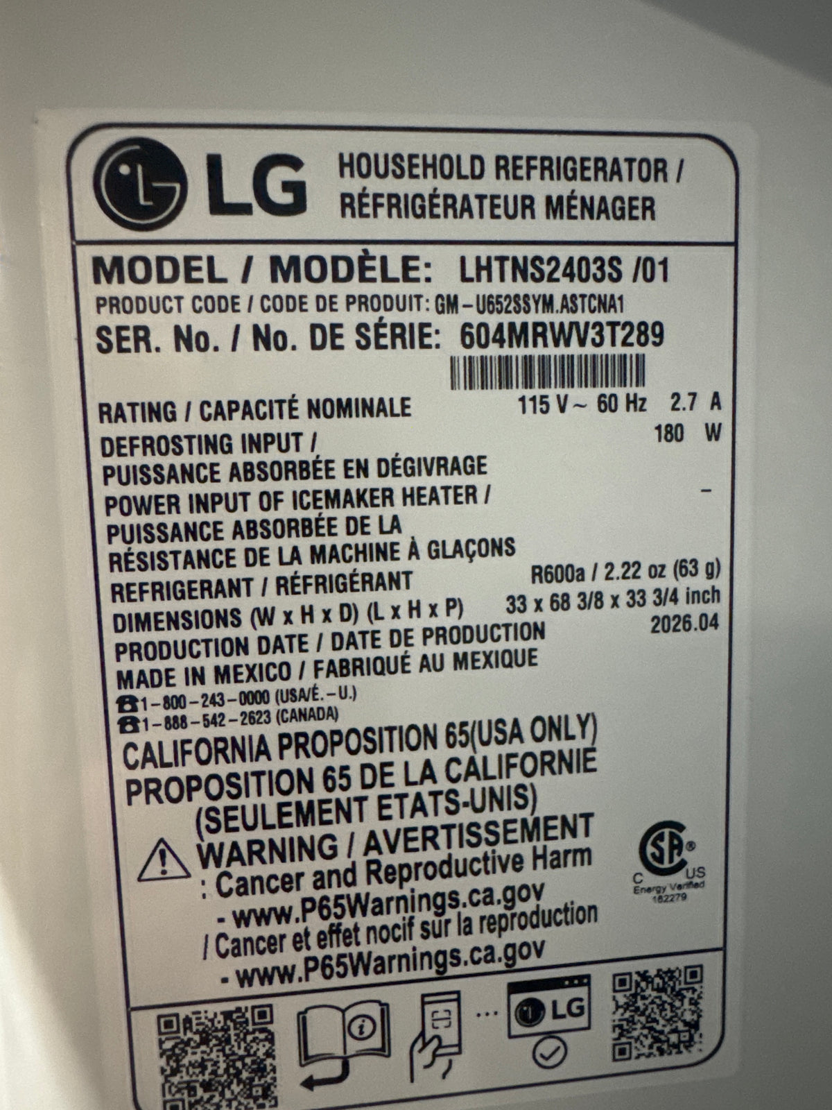 LG 33in Top Freezer Refrigerator Model#LHTNS2403S Serial#604MRWV3T289 (HD922)