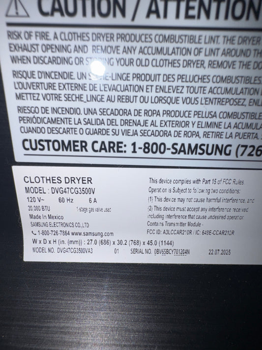 Samsung 7.cu.ft GAS Dryer Model#DVG47CG3500V Serial# 0BV65BCY701204N (73)