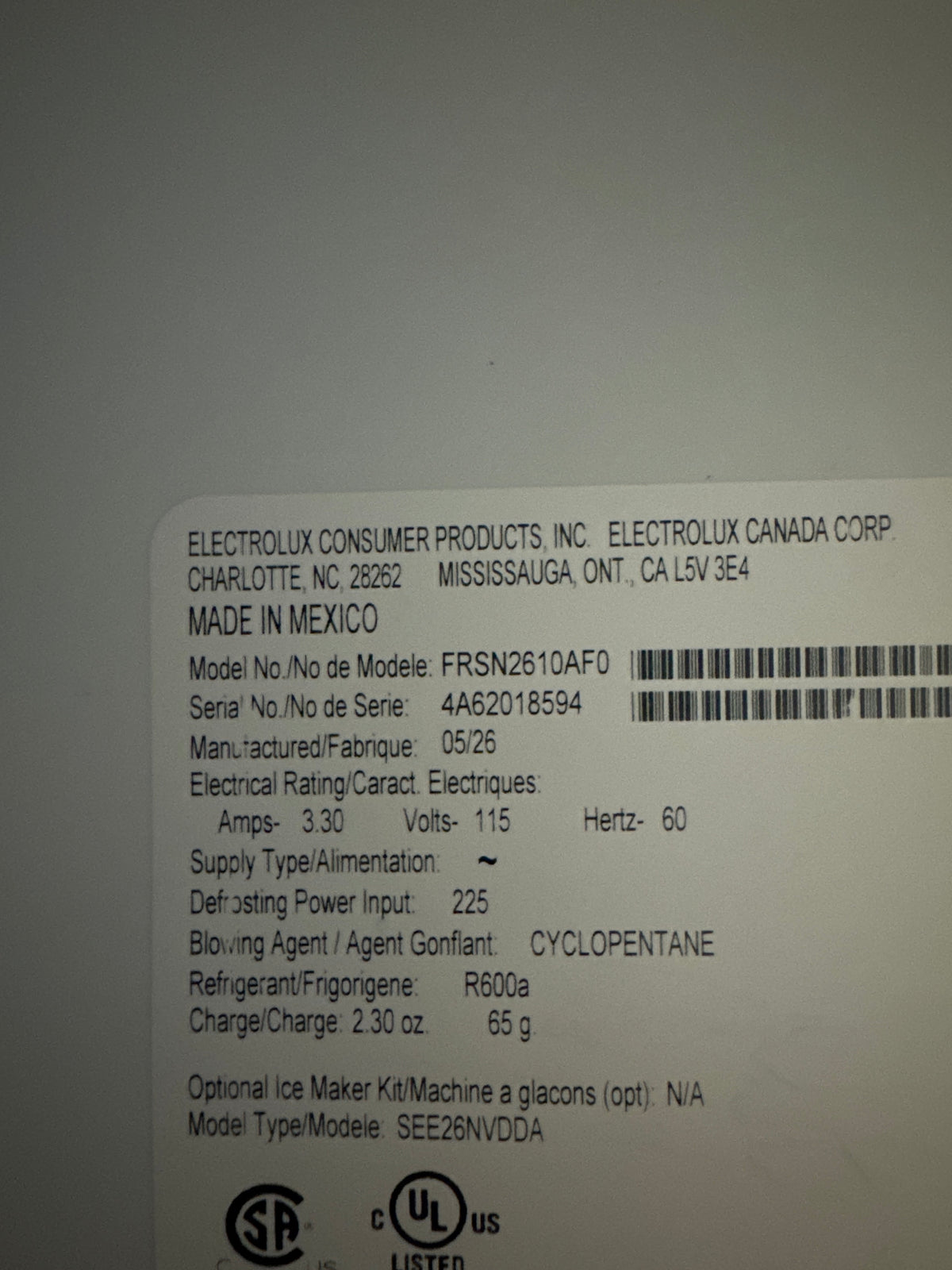 Frigidaire 36in Side by Side Refrigerator Model#FRSN2610AFO Serial#4A62018594 (57)