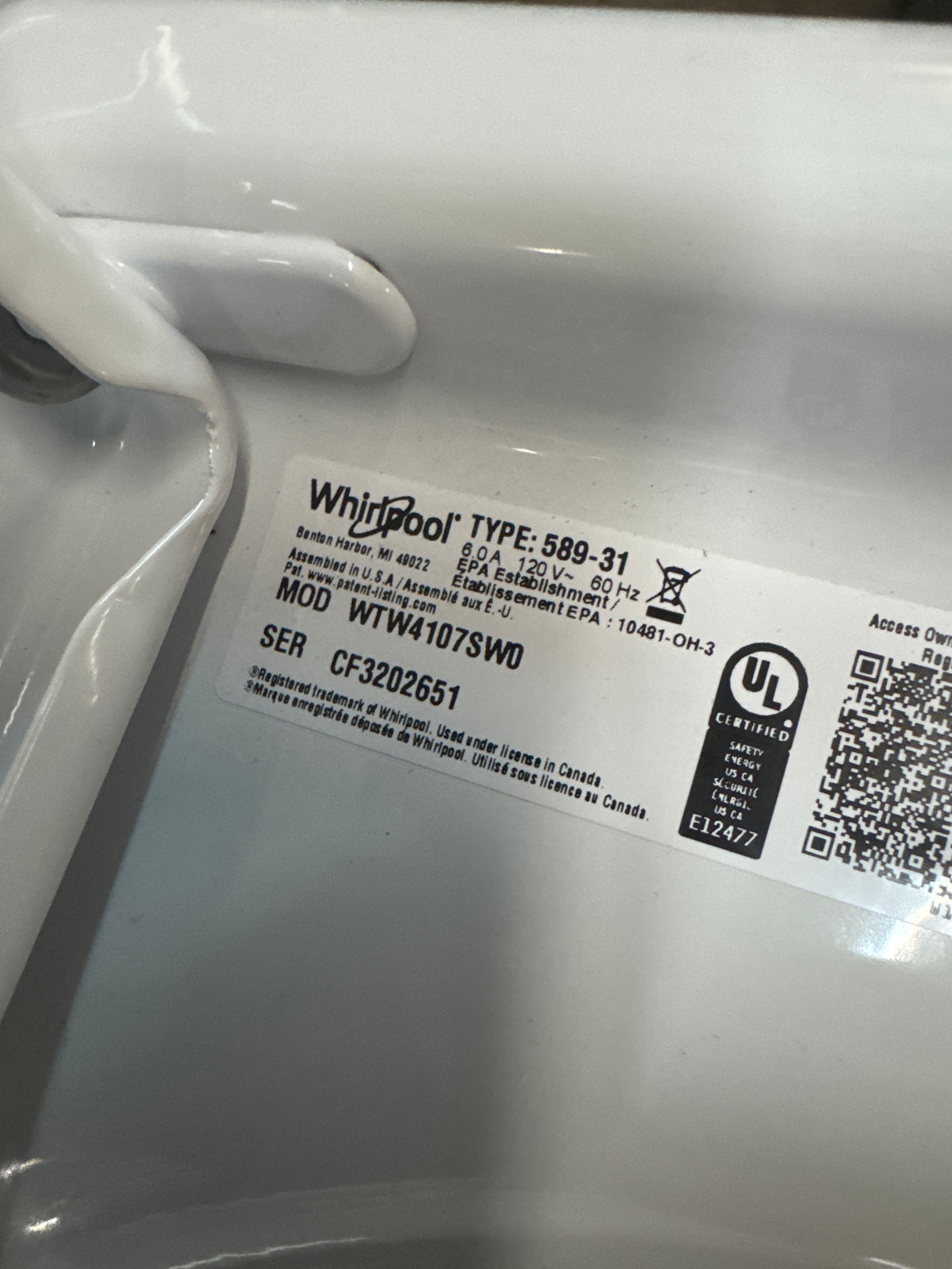 Whirlpool 4.2-4.3cu.ft Top Load Washer Model#WTW4107SW0 Serial#CF3202651 (HD908)