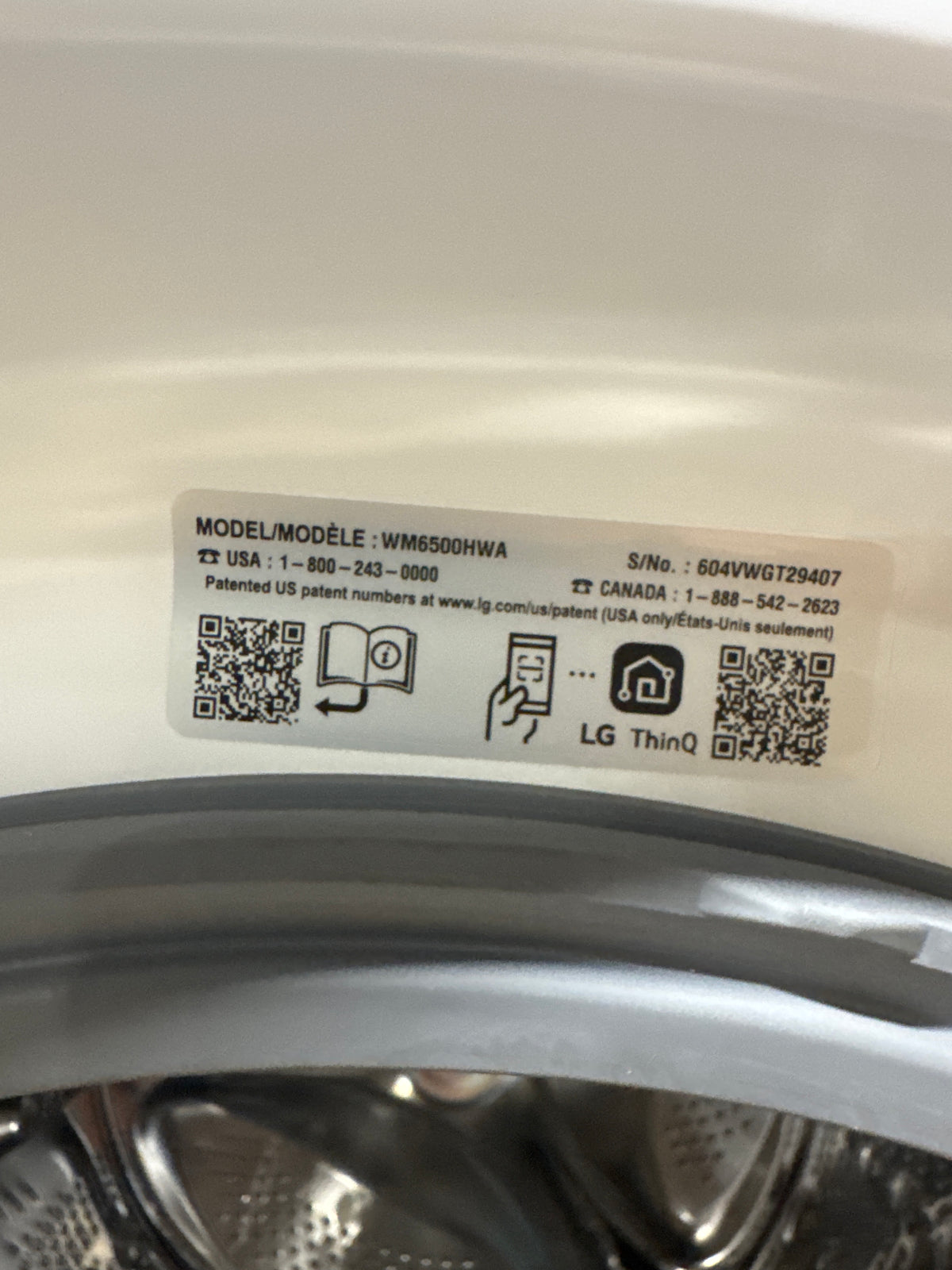 LG 5.0cu.ft Front Load Washer Model#WM6500HWA Serial#604VWGT29407 (86)