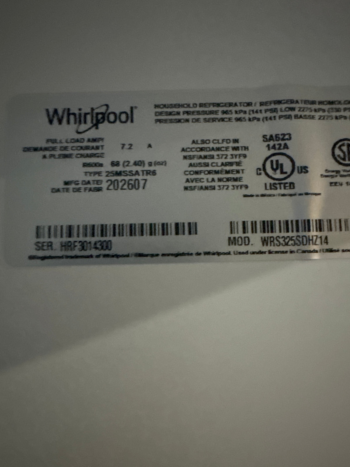 Whirlpool 36in Side by Side Refrigerator Model#WRS325SDHZ14 Serial#HRF3014300 (HD917)