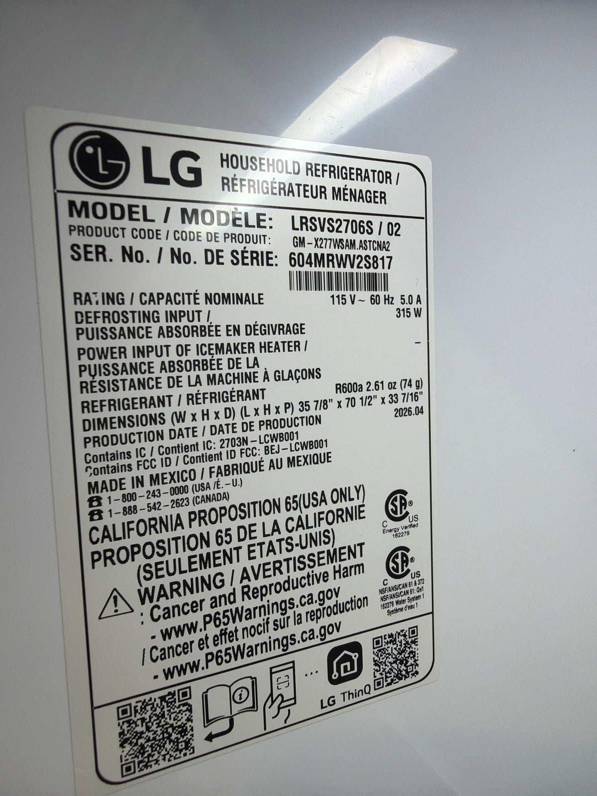 LG 36” Side by Side Instaview Refrigerator Model #LRSVS2706S  Serial #604MRWV2S817 (50)