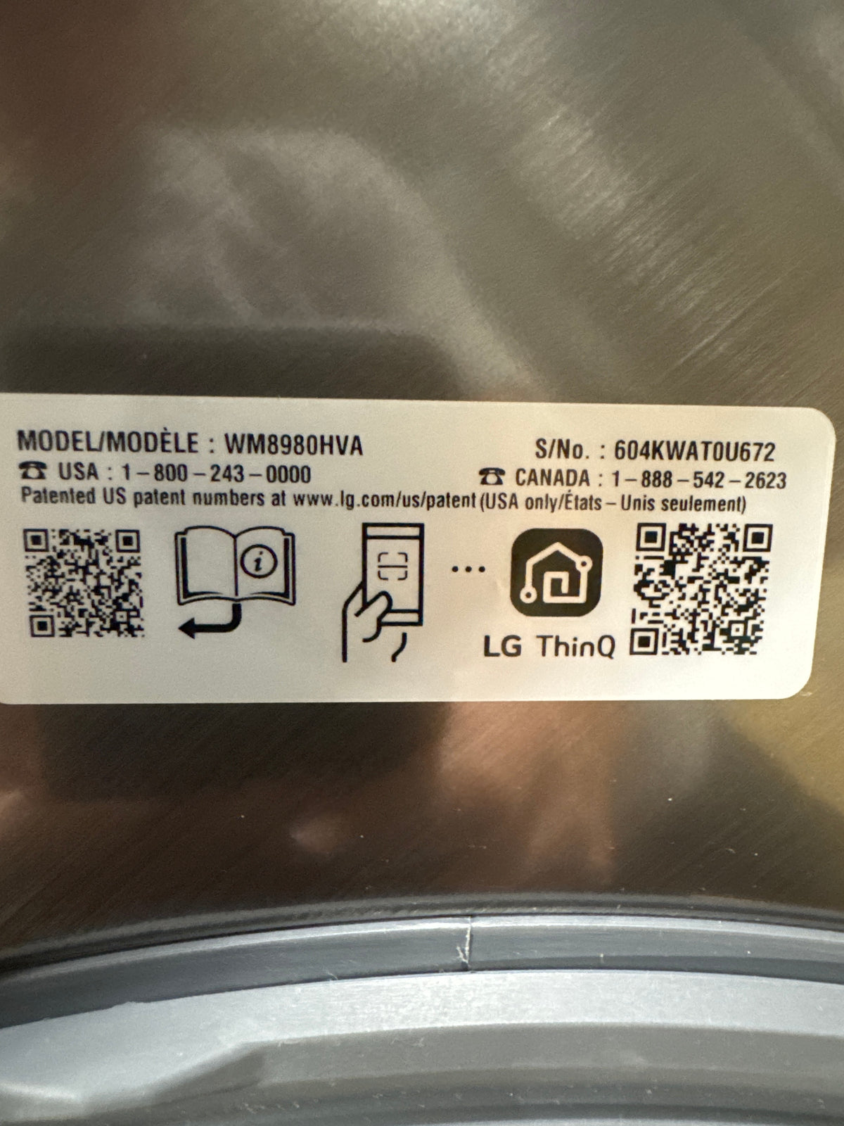 LG 5.2cu.ft Front Load Washer Model#WM8970HVA Serial#604KWAT0U672 (90)